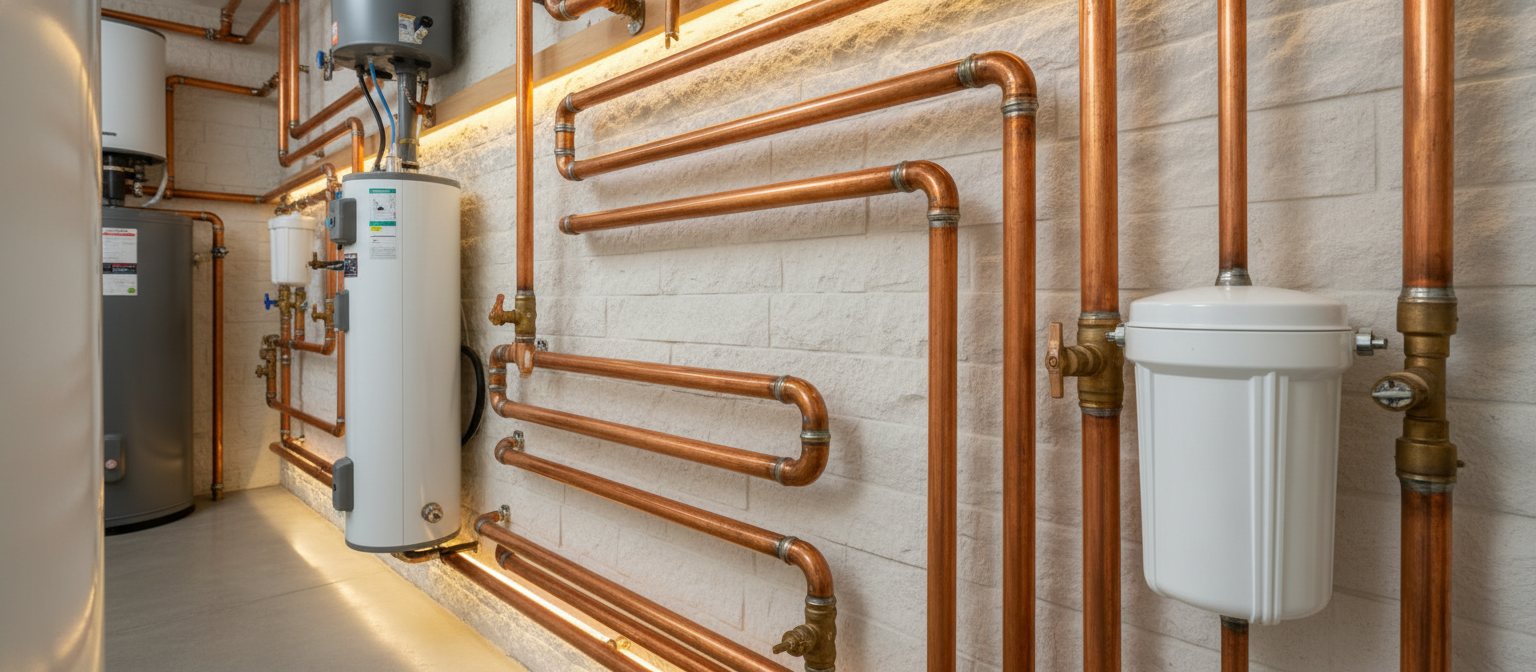 Polished copper water supply lines professionally installed in a San Jose residential repiping project