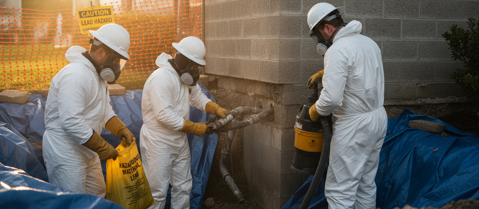 Licensed plumber safely removing lead pipes from a San Jose home