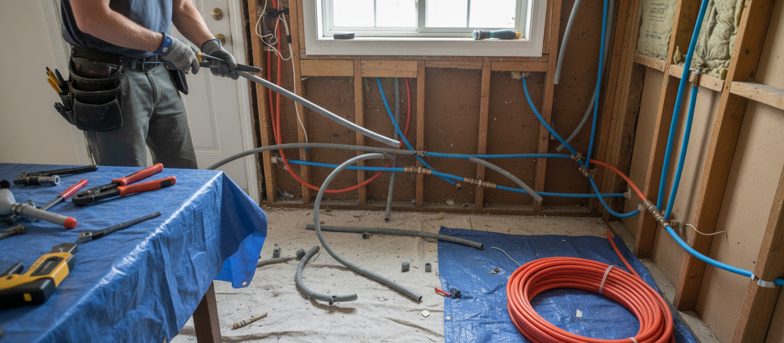 Gray polybutylene pipes being replaced with modern PEX in a San Jose home