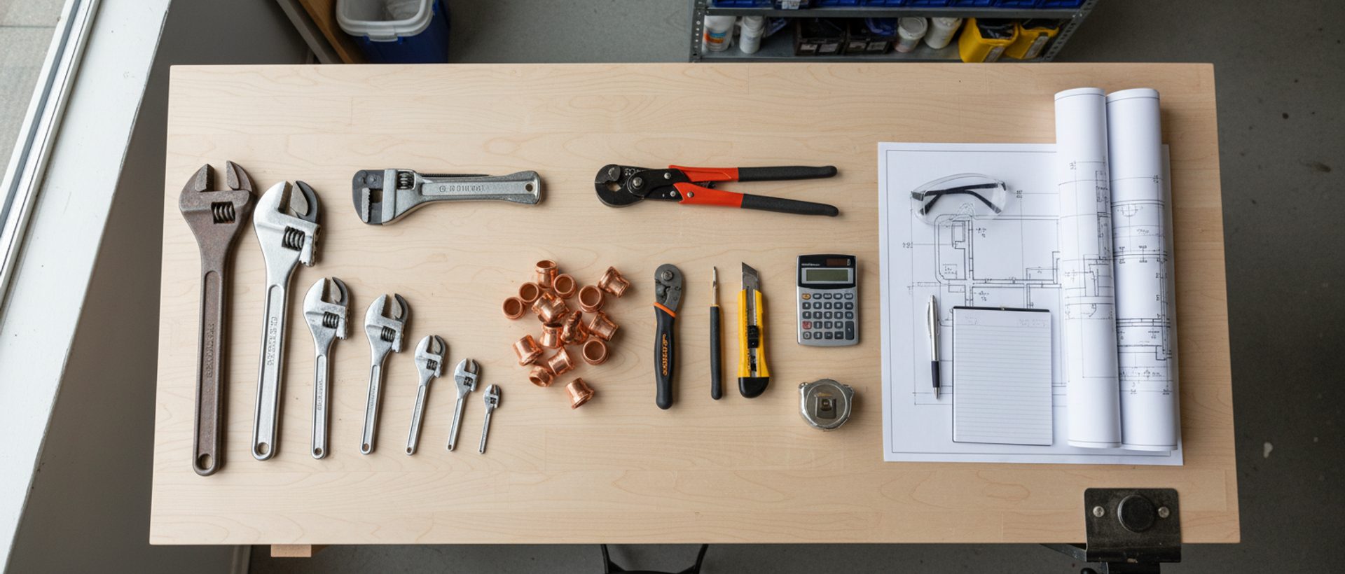Professional plumbing tools and equipment organized on a workbench